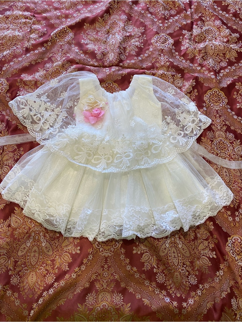 White Floral Lace Tulle Kids Dress with Pink Accent